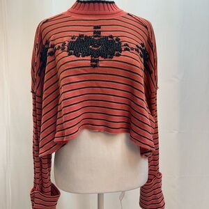 We The Free Coral and Black Striped Long Sleeve Top S